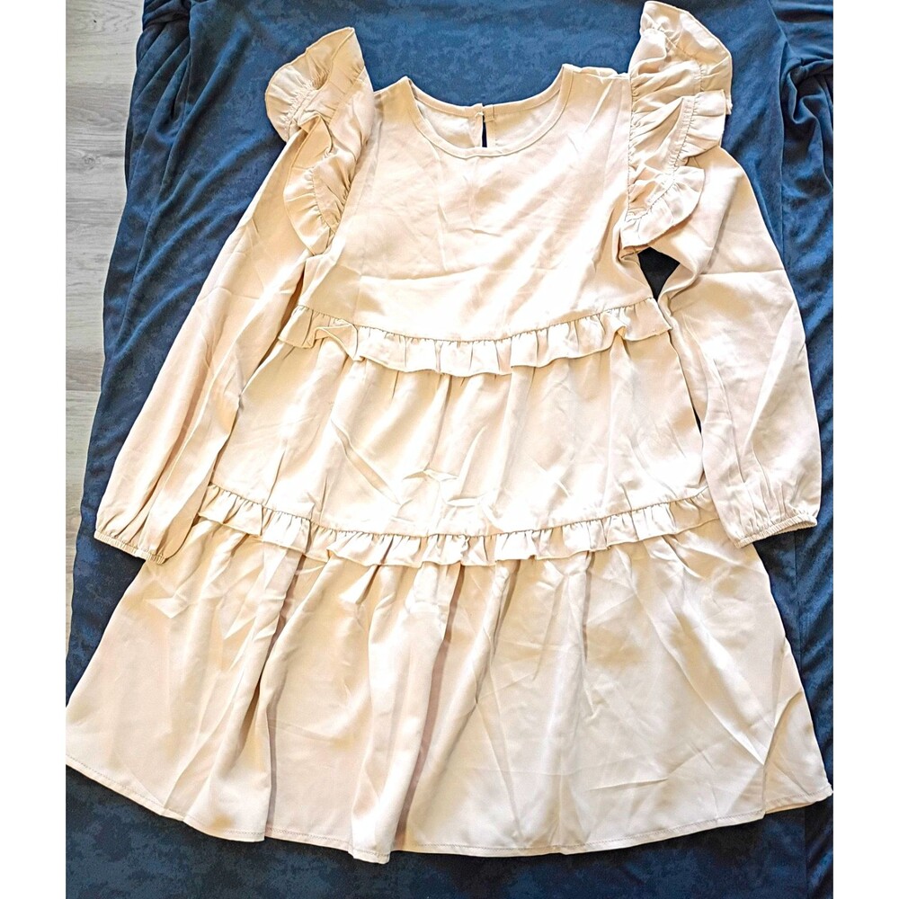Apricot Solid Tiered Ruffle Dress Long Sleeve Round Neck Kid Size 130 (US M 7/8)